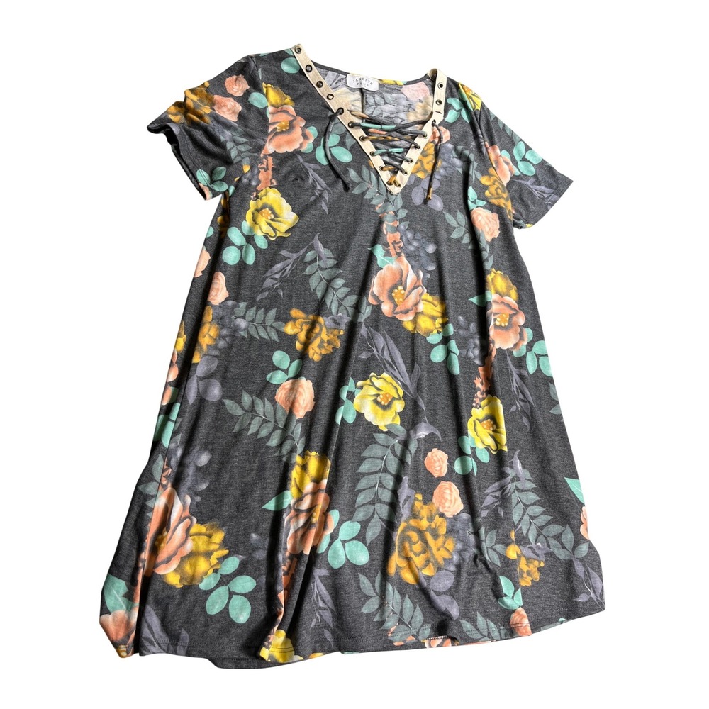 Womens Plus Size 1X Floral Swing Dress Lace Up Neck Boho Casual‎ A Line